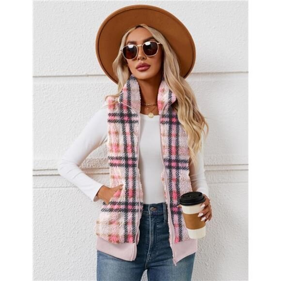 New Womens Fuzzy Fleece Vest, Casual Warm Sleeveless Zip Up Sherpa Vest - Picture 4 of 6